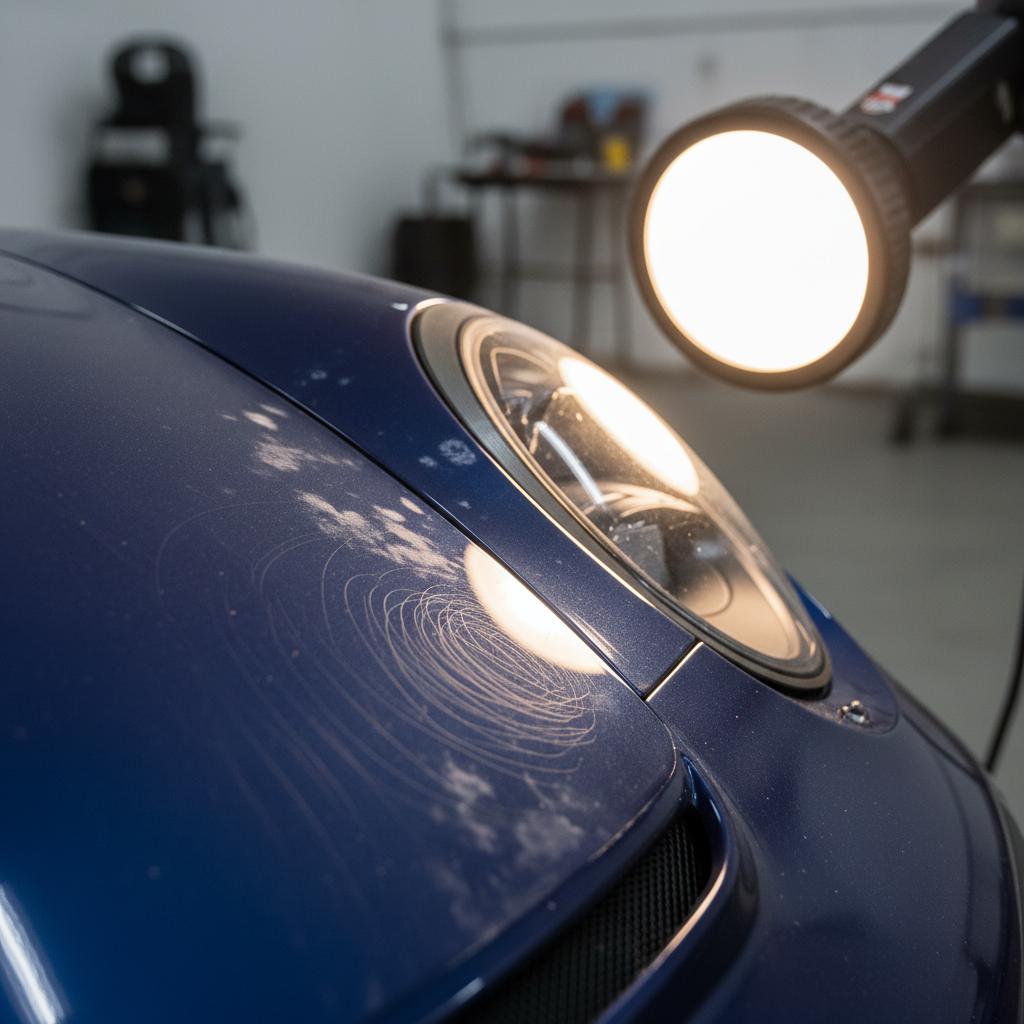 Porsche GT3 with paint swirls and light oxidation under halogen inspection lamp