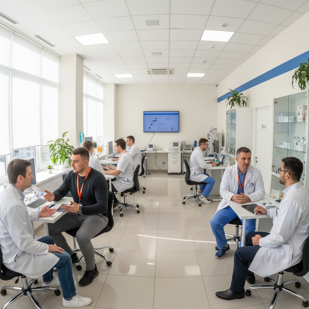 Professional doctor in white coat at desk, warm clinical office, soft ambient lighting, authoritative medical setting