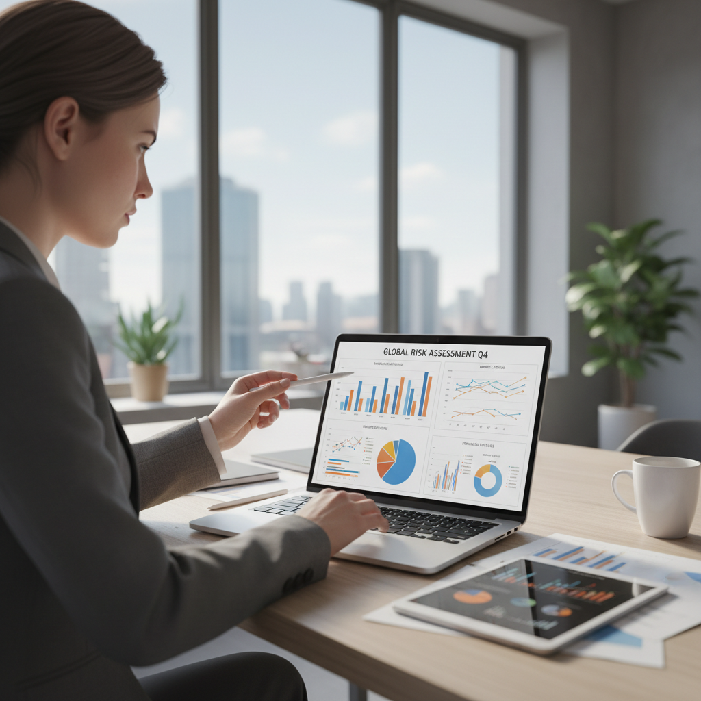 Business executive analyzing operational charts on laptop in corporate office, professional environment, natural window light