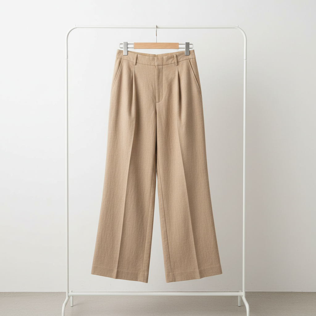 Black wide-leg trousers hanging on minimalist rack