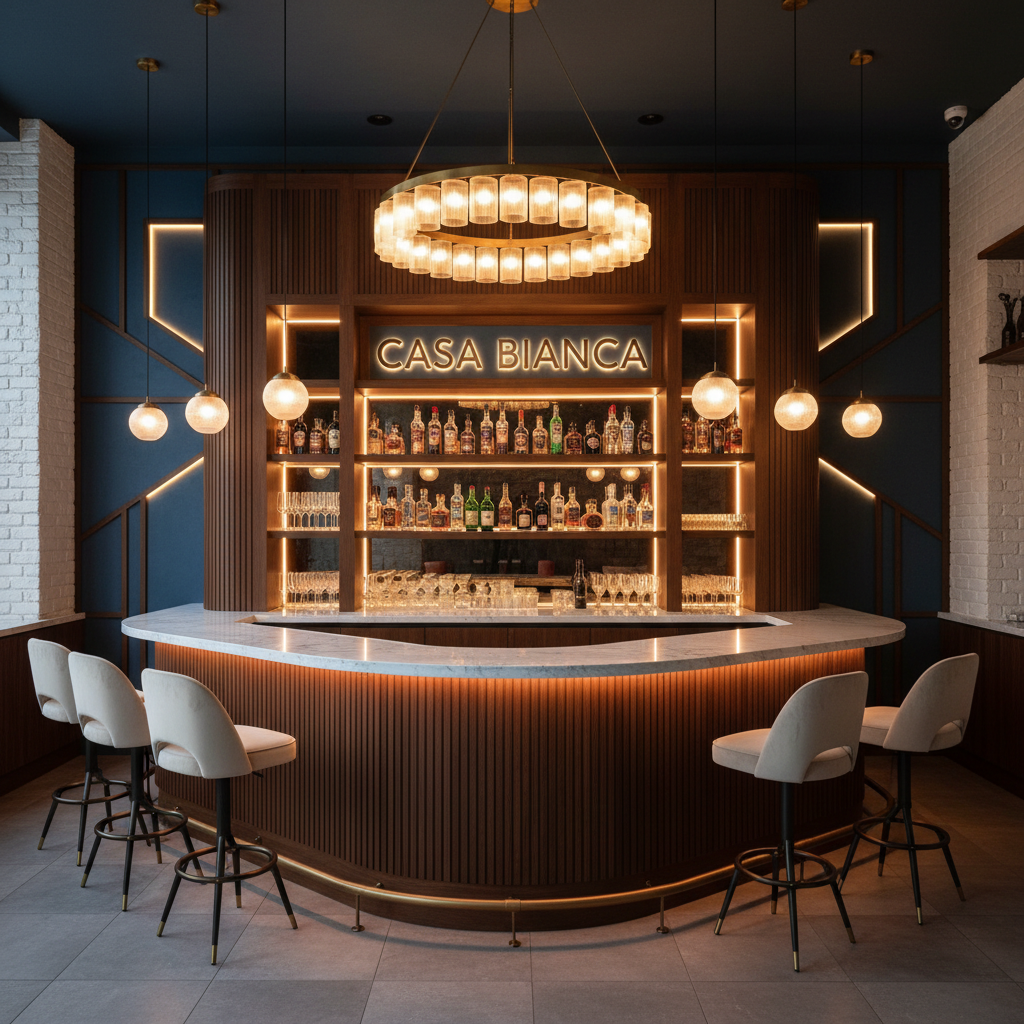 Casa Bianca bar area renovation by Biba Construction, bespoke joinery and atmospheric lighting