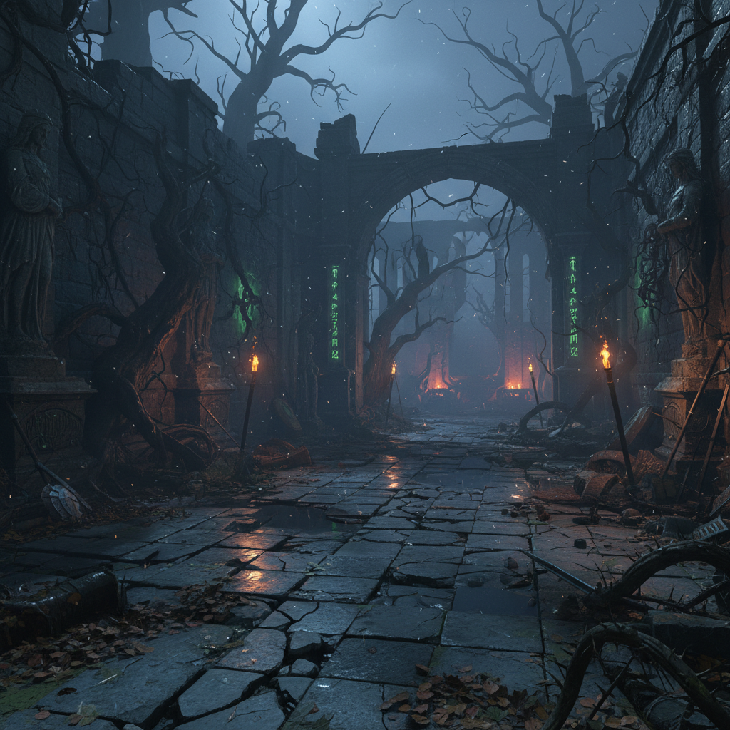 Dark game environment with atmospheric lighting and environmental textures