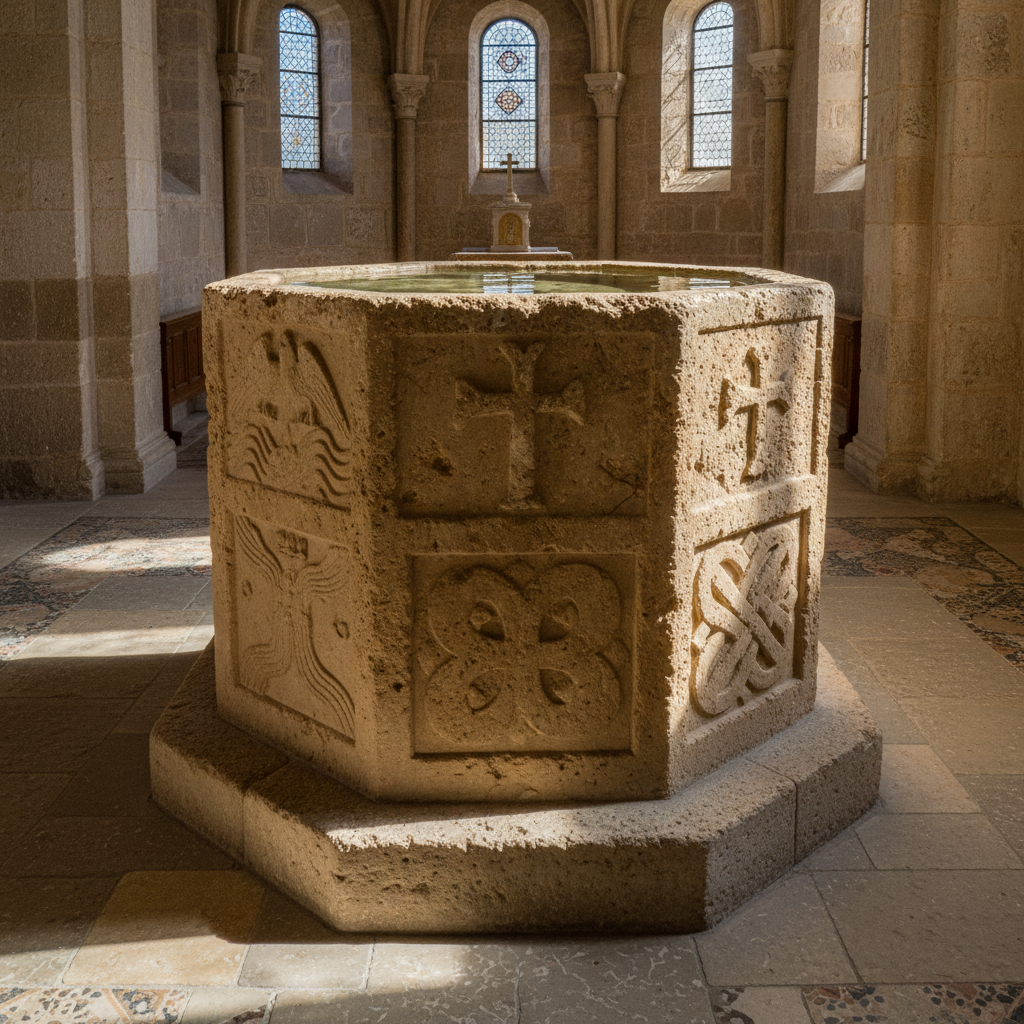 Stone baptistery font carved from local limestone in octagonal form