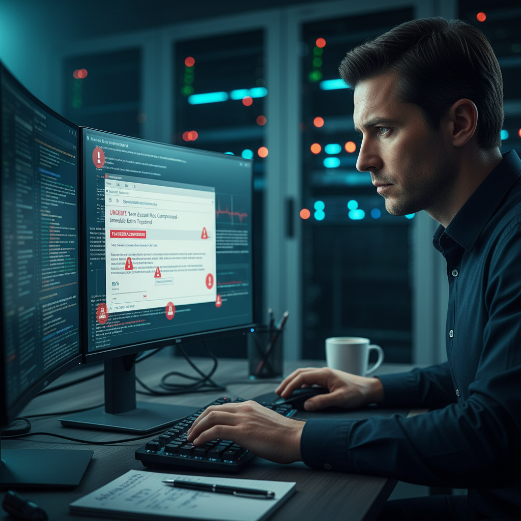 Cybersecurity analyst examining targeted phishing email on a threat analysis workstation