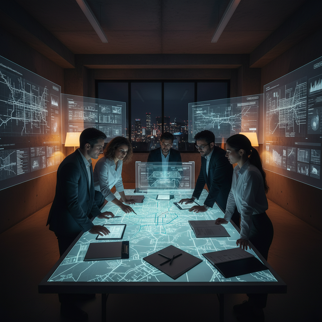 Professional reviewing property maps and site assessment documents at desk, focused technical work environment, dark professional lighting