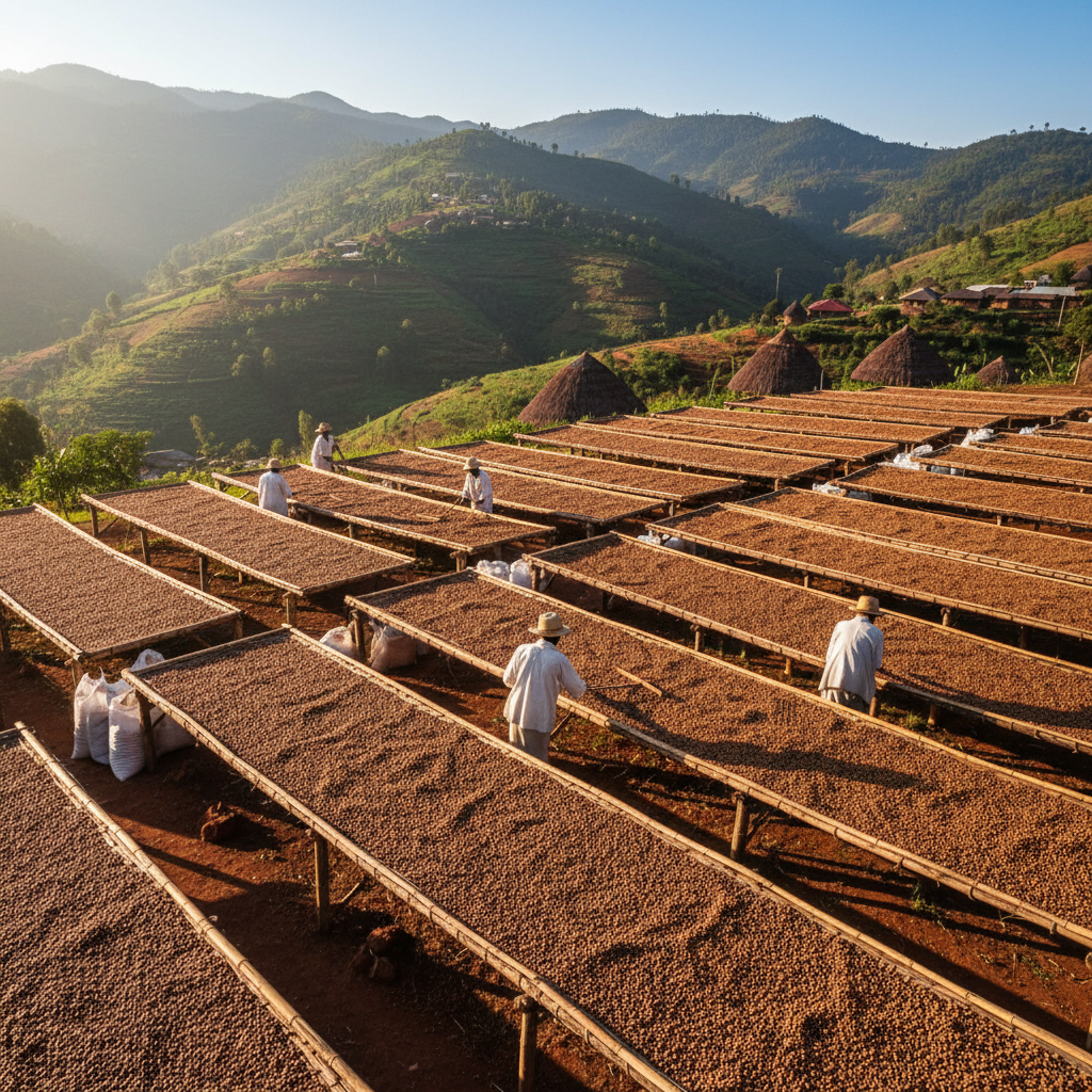 Coffee beans laid out on drying beds in Kenya showing natural processing method