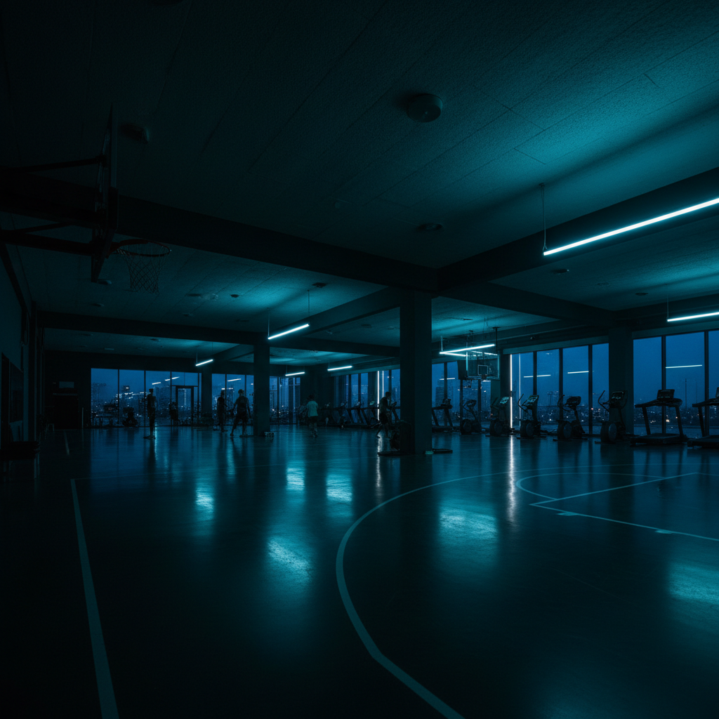 Sports club interior at dusk, dark polished floors, low ceiling spotlights casting deep shadows, moody blue-green ambient lighting