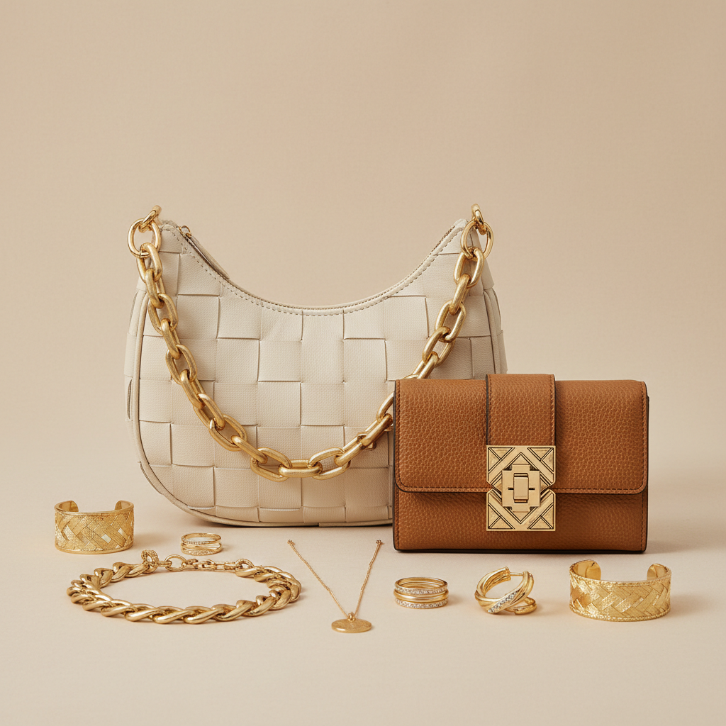 Accesorios de moda dorados incluyendo bolso y joyería sobre fondo negro elegante