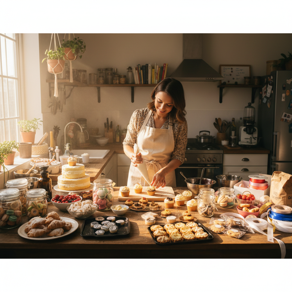 Elegant pastry chef decorating dessert in bright patisserie kitchen, artistic, natural light