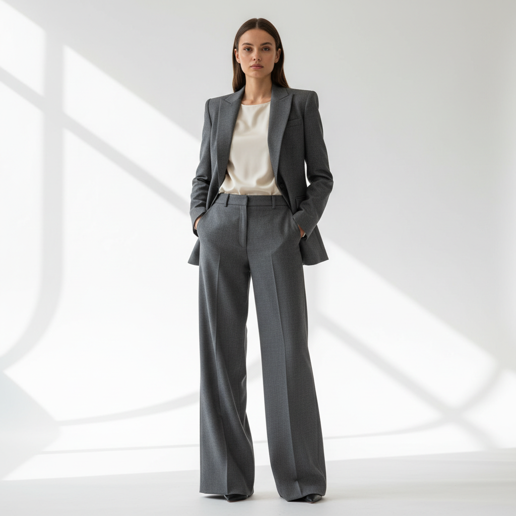 Model in tailored wide-leg trousers, bright airy studio, clean background