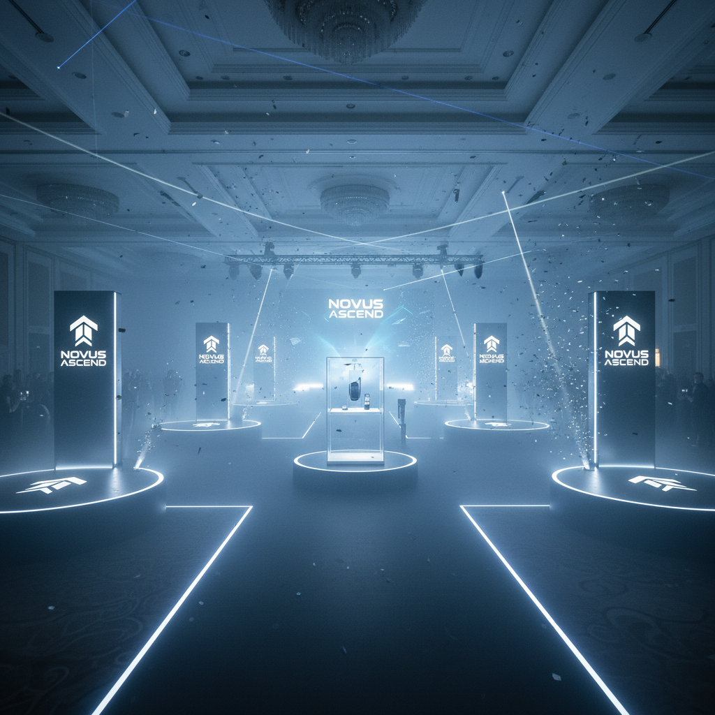 Live event stage with dramatic spotlights and dark atmospheric fog machine effects at a large corporate conference