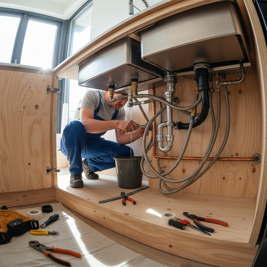 Plumber in blue overalls fixing pipe under kitchen sink with wrench