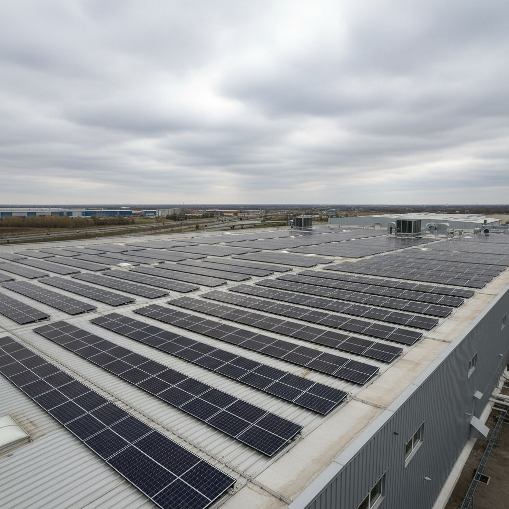Large commercial warehouse with solar panels on roof, industrial area, bright daytime outdoor setting