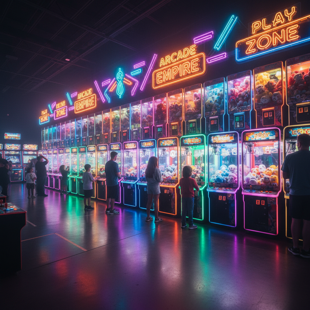 Arcade wall stacked floor to ceiling with joystick machines and claw machines glowing in neon