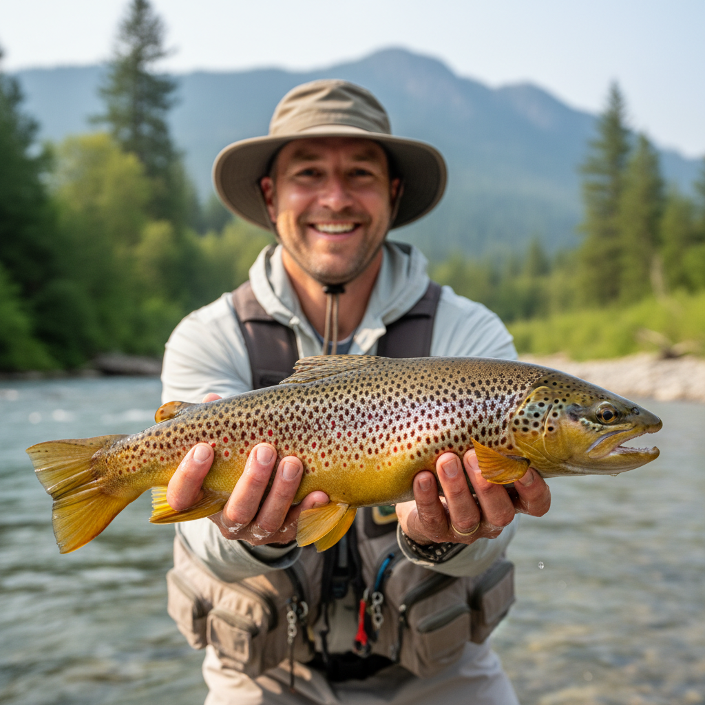 Angler holding 8-pound brown trout caught on Little Red River