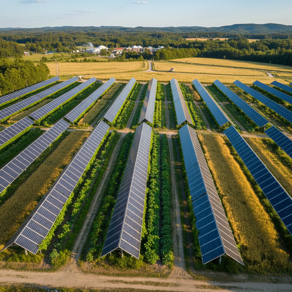 Solar panels in rural Indian landscape, renewable energy, green power generation