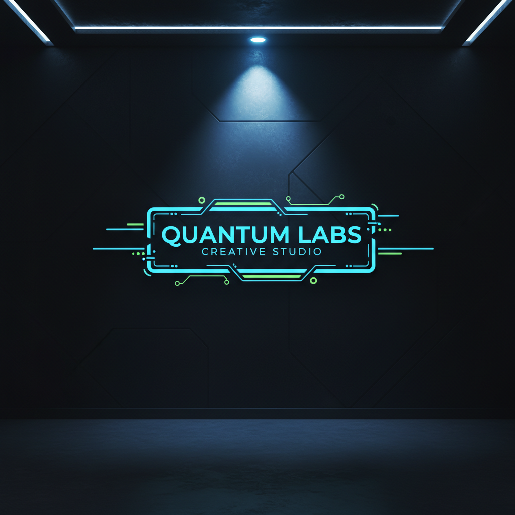 Dark graphic design workspace with glowing screens, creative studio atmosphere, professional design tools
