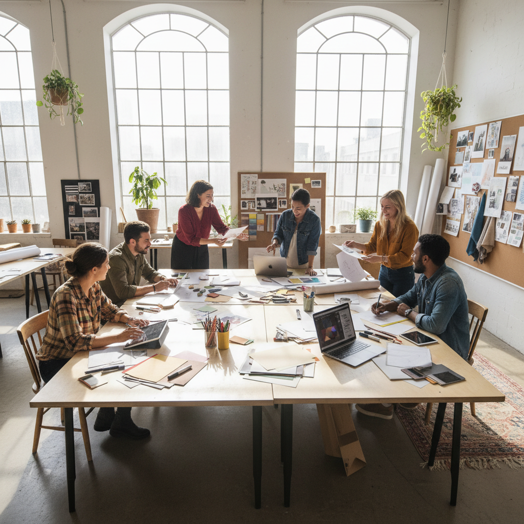 Professional business meeting with design materials and collaborative workspace