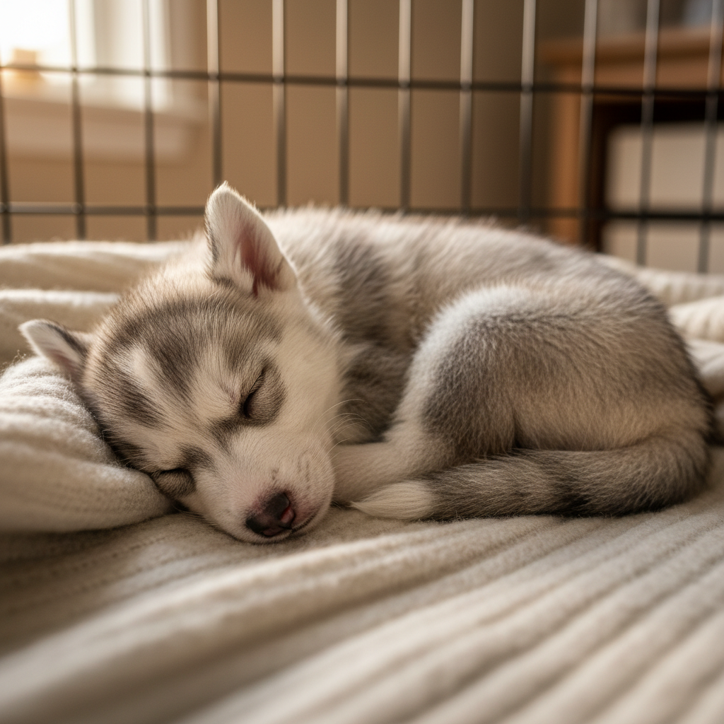 Siberian husky puppy curled up sleeping peacefully inside a wire crate lined with a soft wool blanket