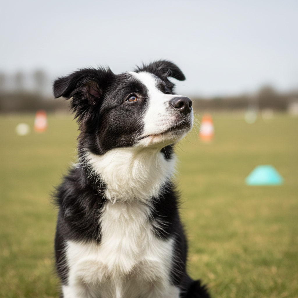 Young border collie puppy attentively watching a trainer's hand signal during a socialization session