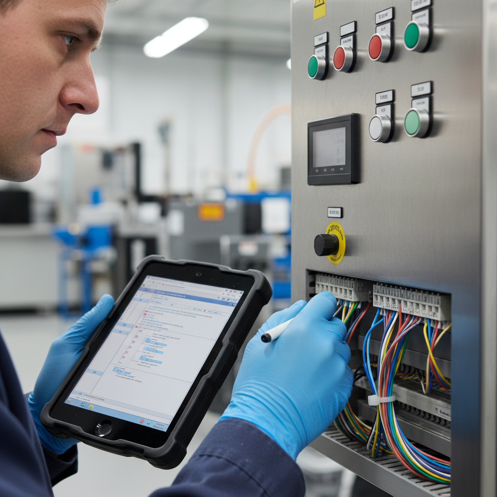Technician programming industrial motor control panel with diagnostic tablet