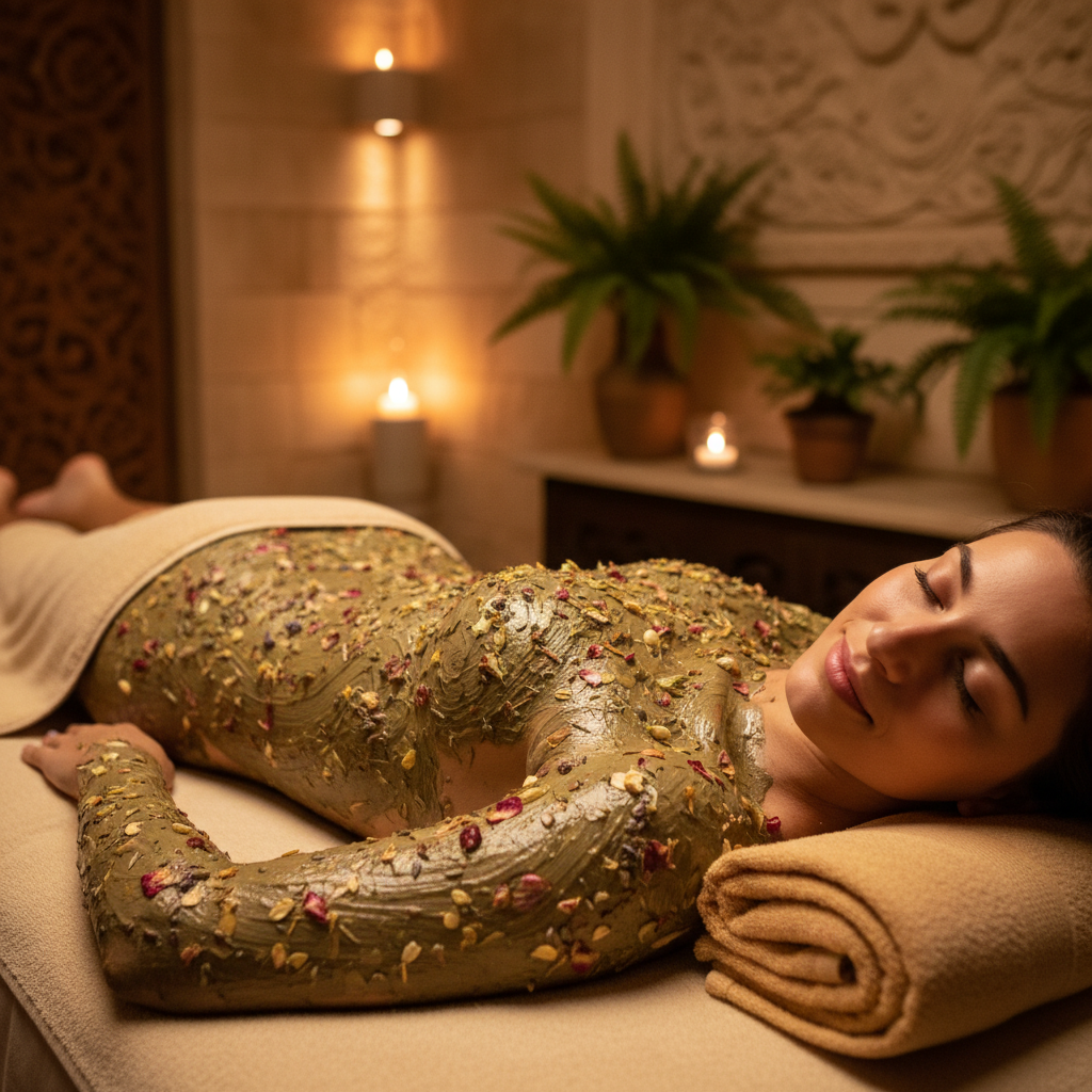Rejuvenating body massage therapy session with premium spa oils and warm towels