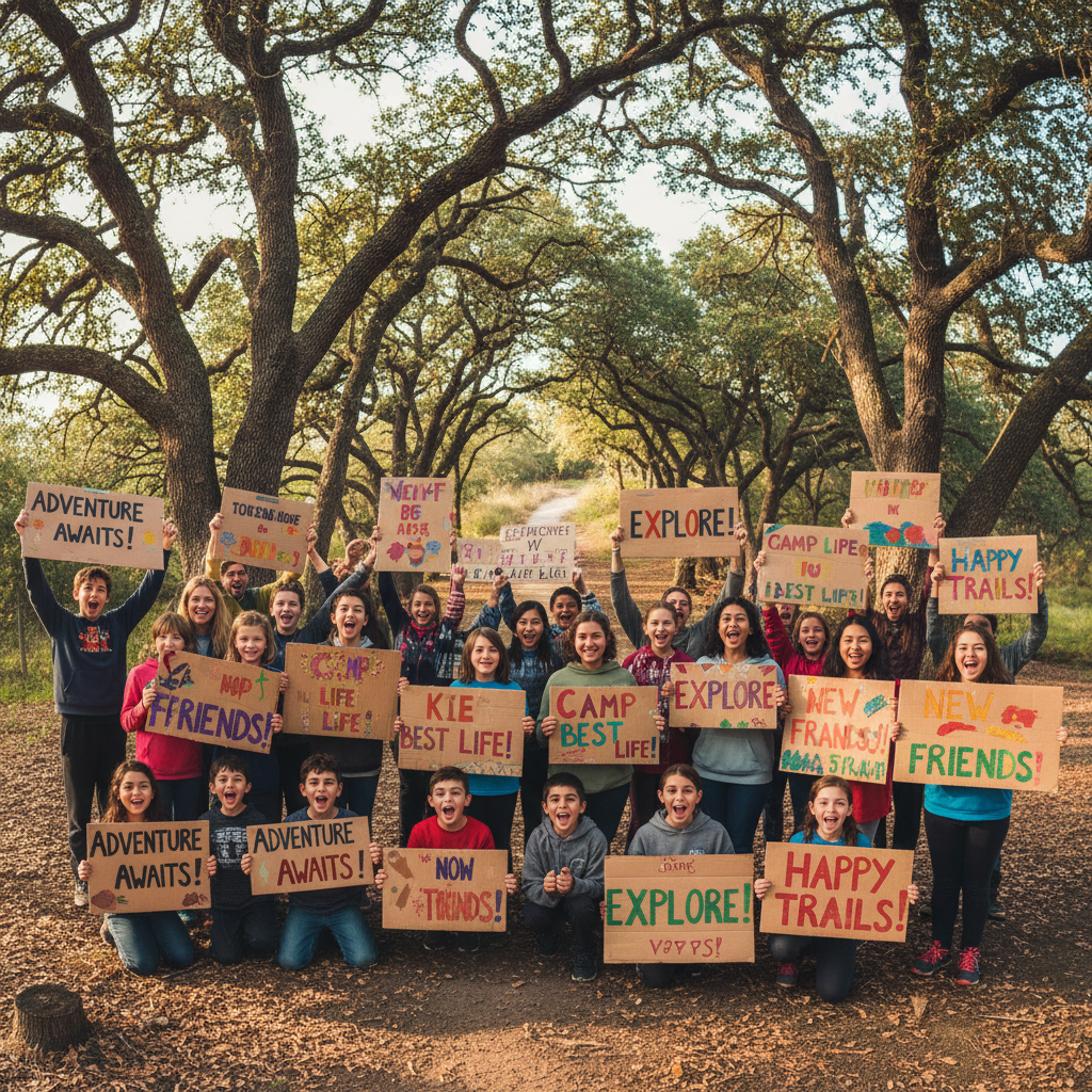 Group photo of campers holding up handmade signs in front of the oak trees