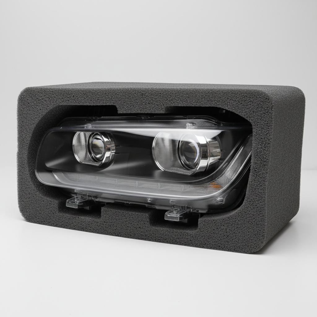 Headlamp assembly nestled in foam packaging, driver side, clear lens