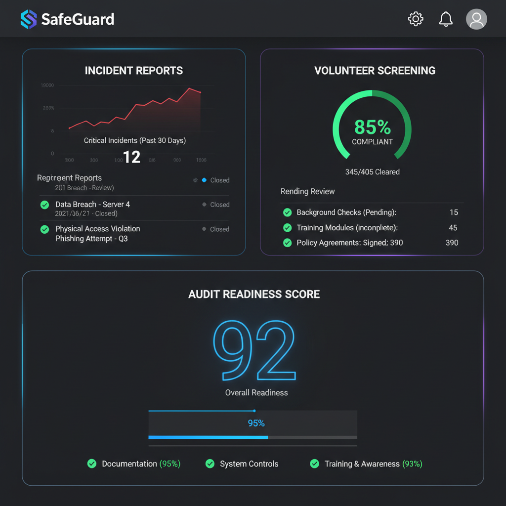 SafeGuard compliance dashboard showing incident reports, volunteer screening status, and audit readiness score on dark interface