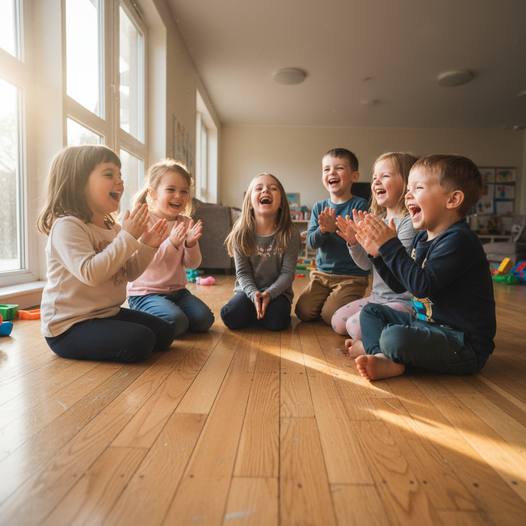 Group of kids laughing and clapping in a circle on wood floor