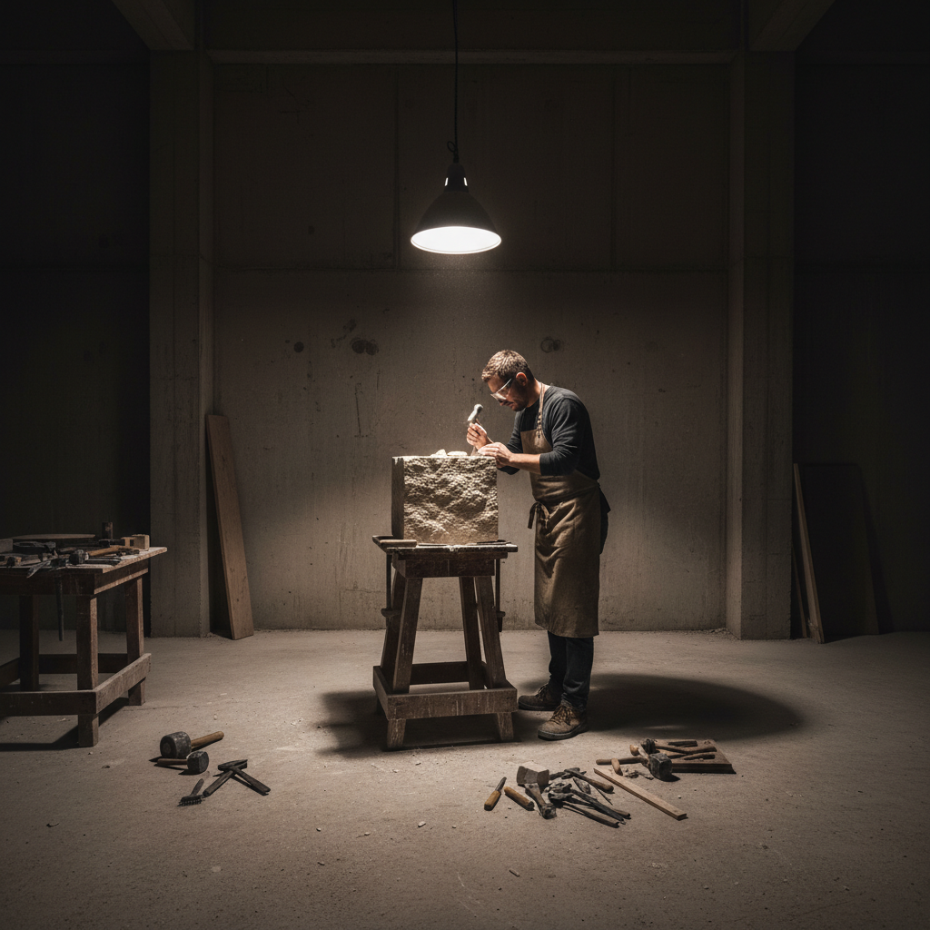 Sculptor working alone at night in a concrete East London studio, single overhead light casting dramatic shadows across tools and raw stone