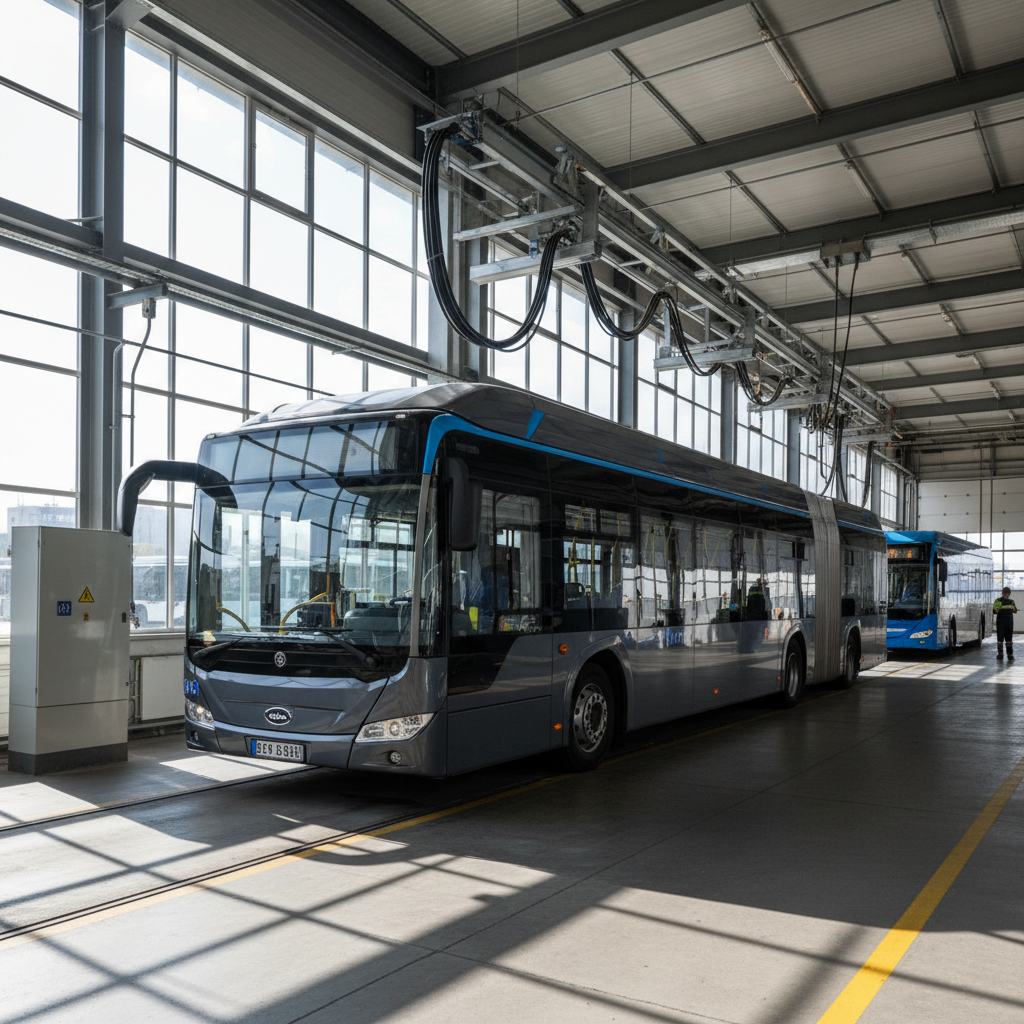 Electric bus charging at depot, bright open facility, clean modern infrastructure, daytime well-lit environment