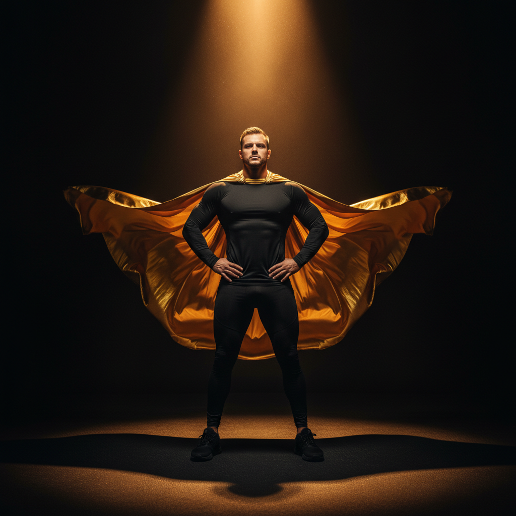Dark dramatic athletic environment with bold lighting, deep shadows, cinematic sports atmosphere