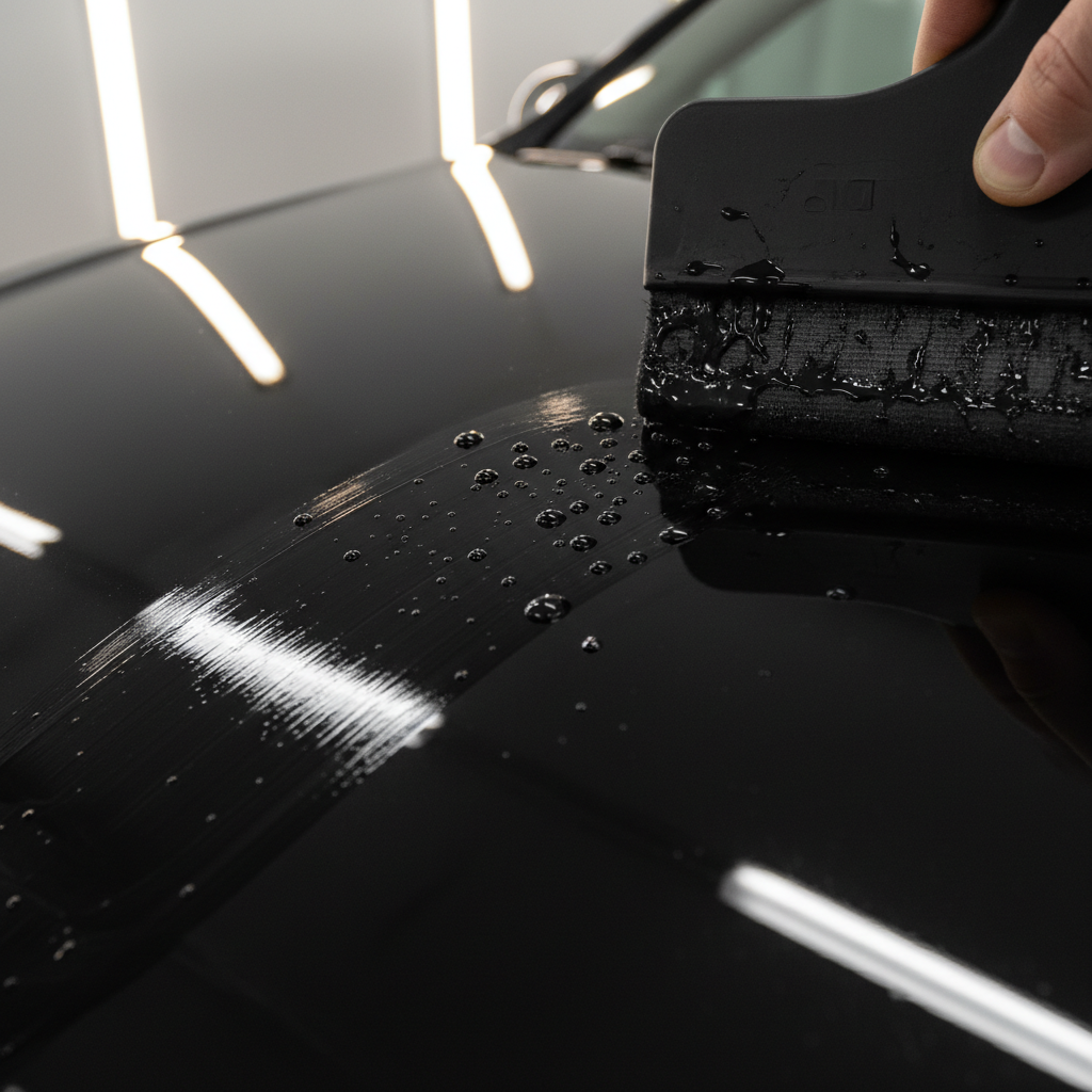 Close-up of gleaming black car paint after ceramic coating