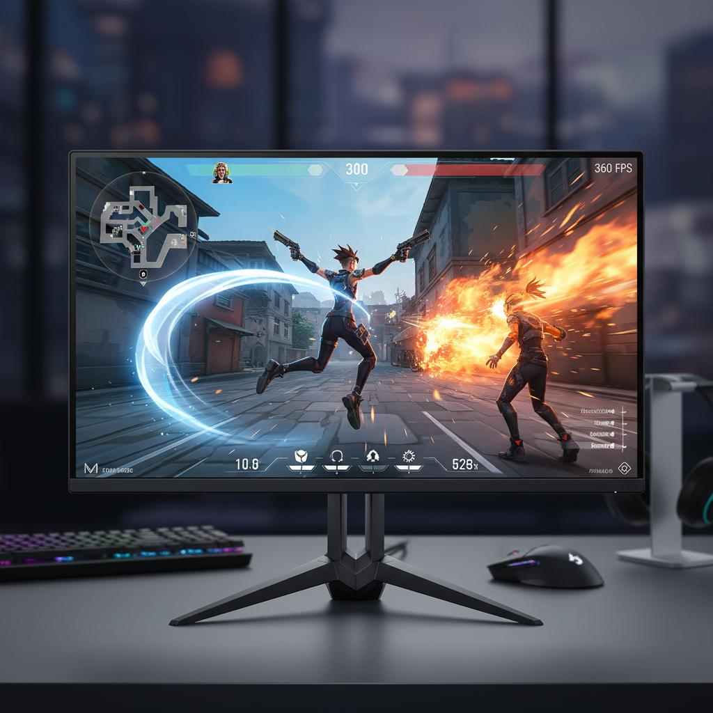 Gaming monitor setup showing 4K OLED display with game running at high frame rate