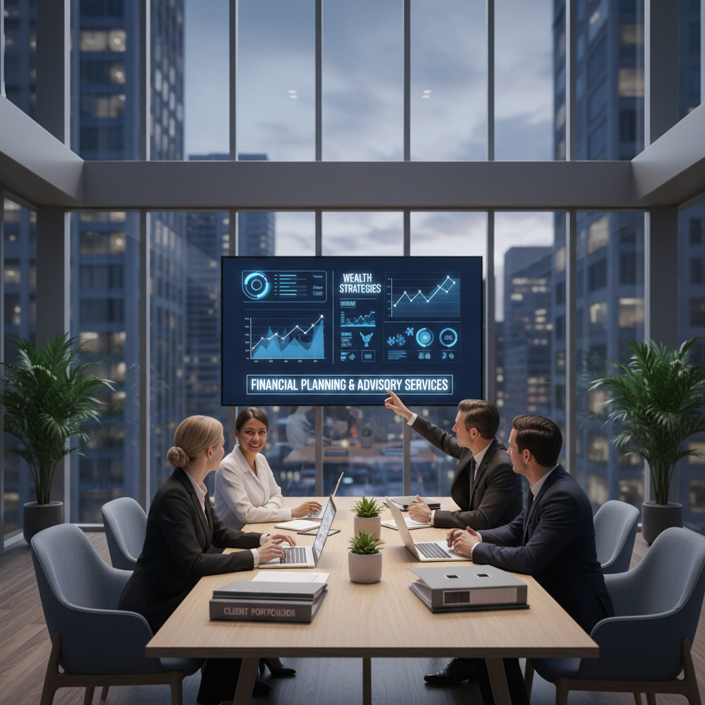 Multi-generational Black family of professionals reviewing financial documents together in a bright modern office, representing legacy planning and wealth transfer across generations