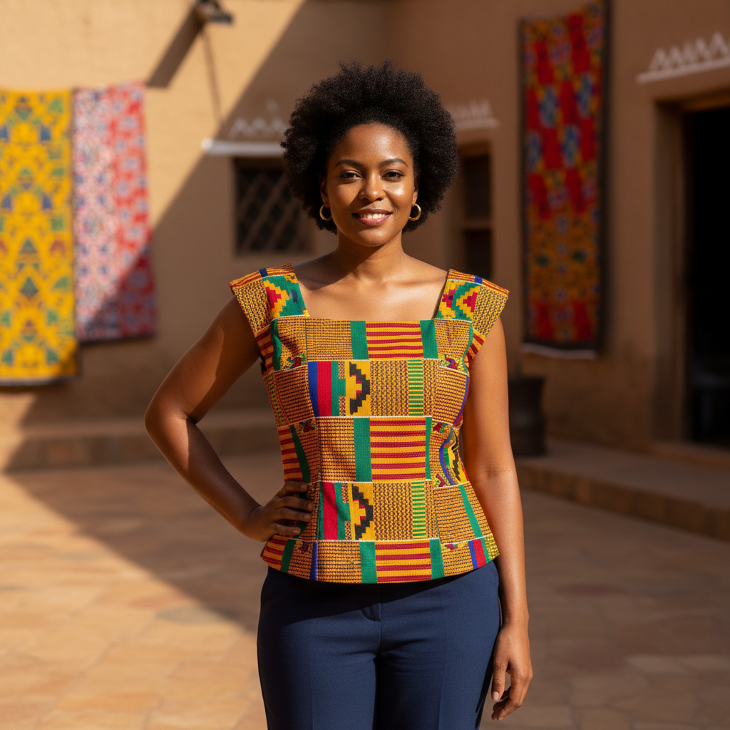 Group of women in vibrant Ankara and Kente attire celebrating together outdoors, warm golden hour sunlight, deep shadows on rich dark earth background