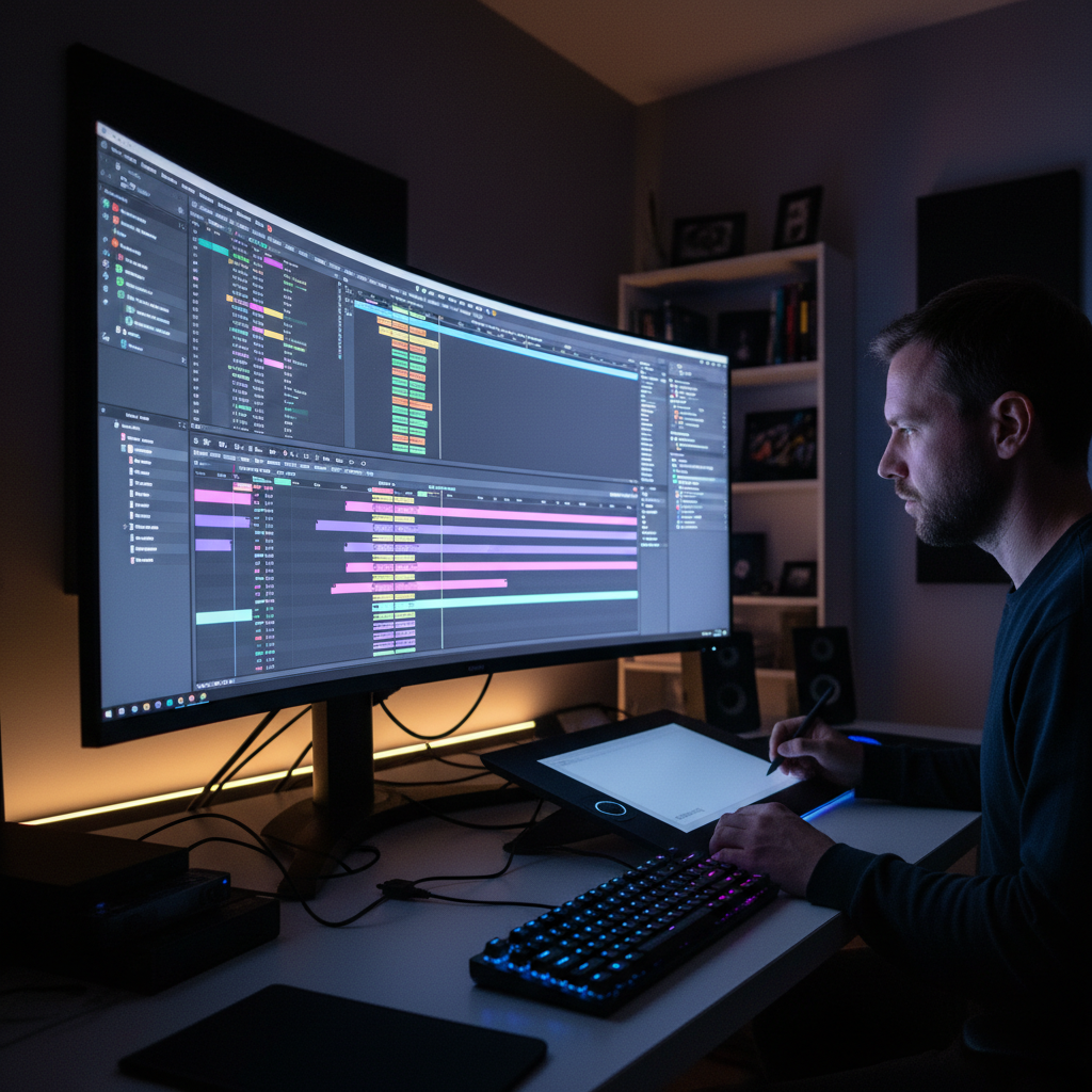 Motion graphics designer working at a dark workstation with multiple monitors displaying colorful abstract animation timelines