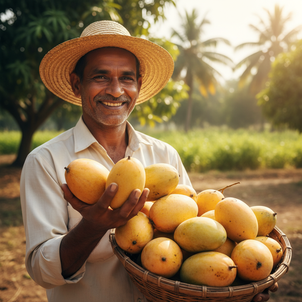 Indian mango farmer smiling in his orchard holding ripe Alphonso mangoes