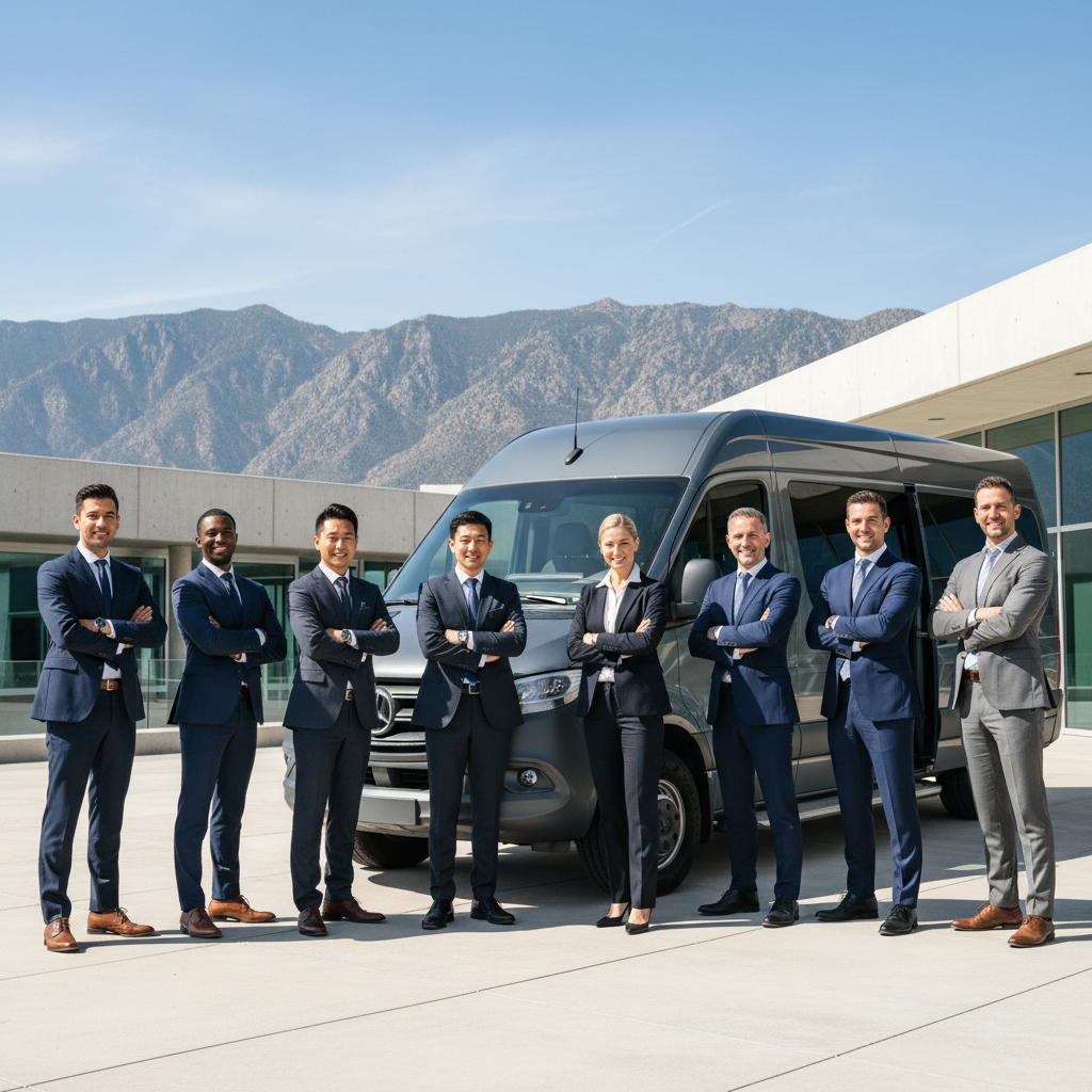 Professional business team of diverse executives standing in front of luxury Sprinter van at modern corporate retreat venue with mountain views