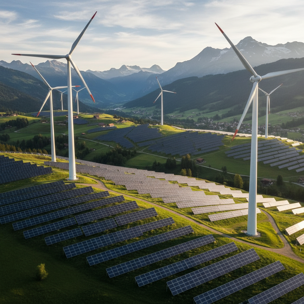 Solaranlage auf einem Hügel mit Windrädern im Hintergrund, erneuerbare Energie