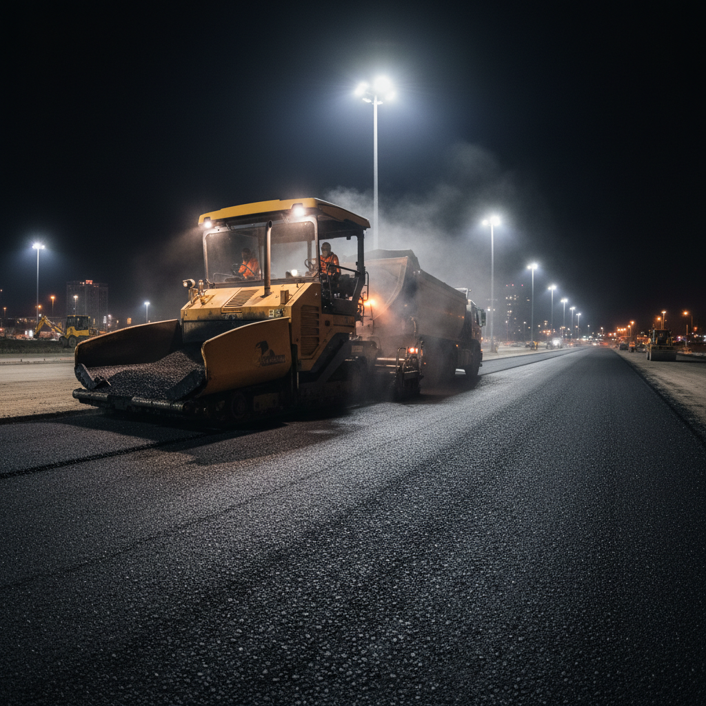 Asphalt paver laying fresh hot-mix under floodlights at night