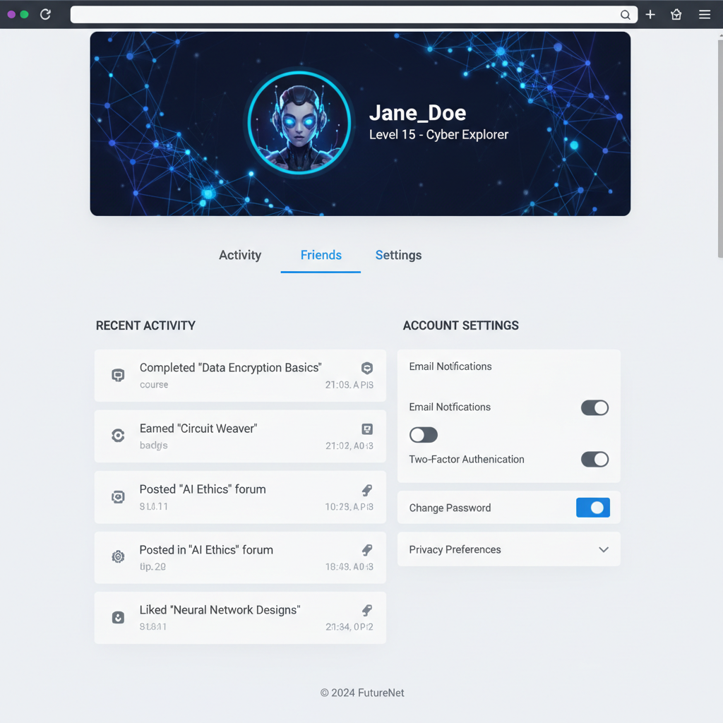 User profile page design with avatar, bio section, and activity feed