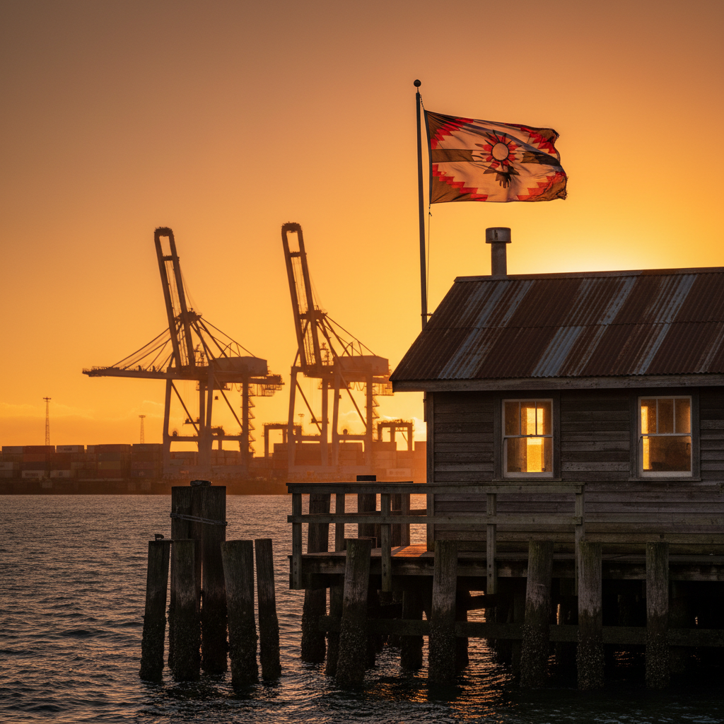 Tribal flag snapping above a port office at golden hour, container cranes silhouetted against amber sky, water glinting between dock pilings