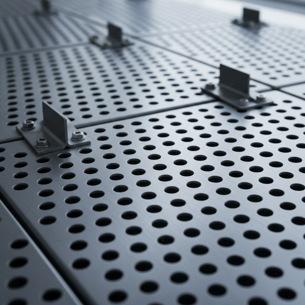 Perforated steel panel grid photographed at 45 degrees showing uniform hole pattern and mounting brackets