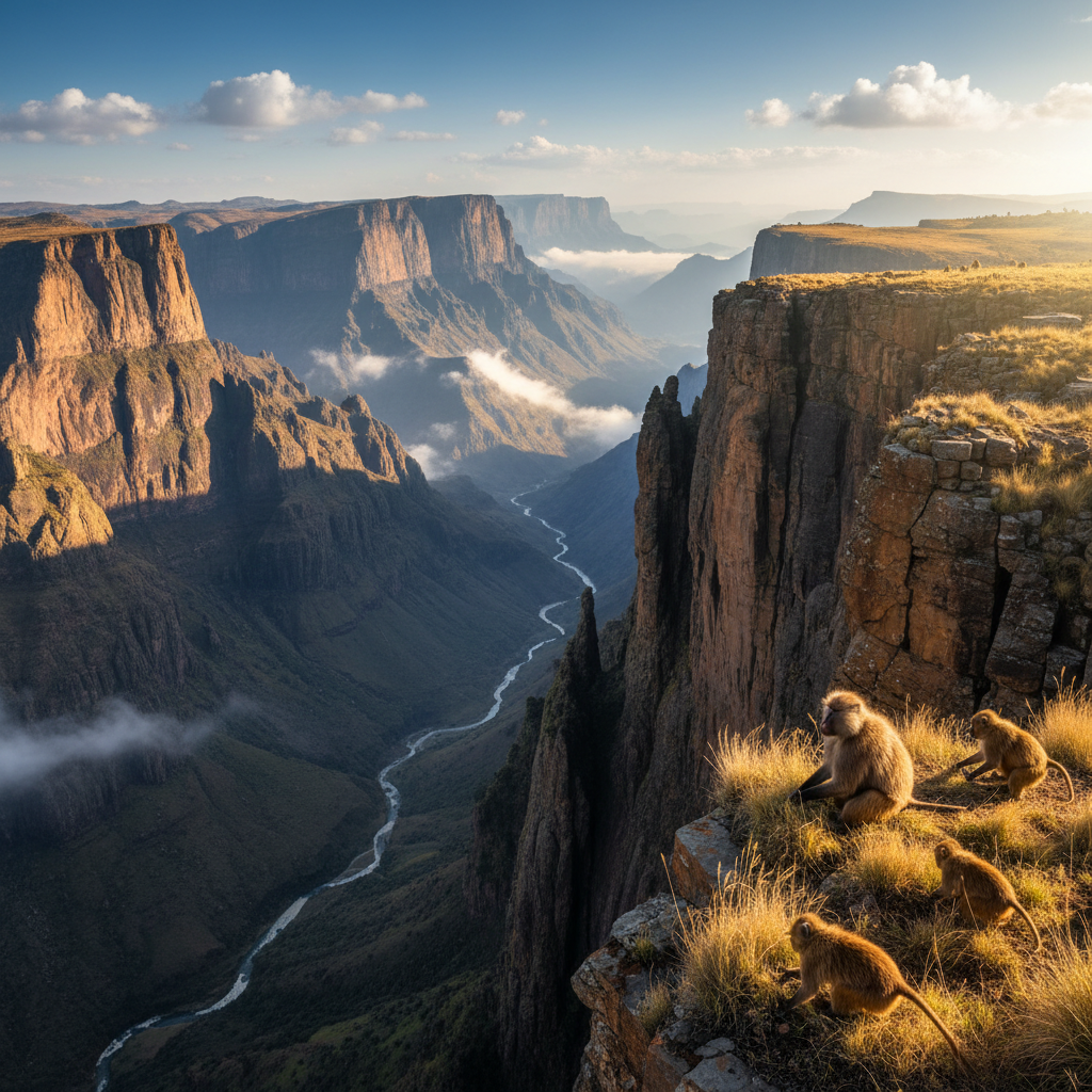 Dramatic escarpments of Ethiopian Simien Mountains with gelada baboons grazing on cliff edge