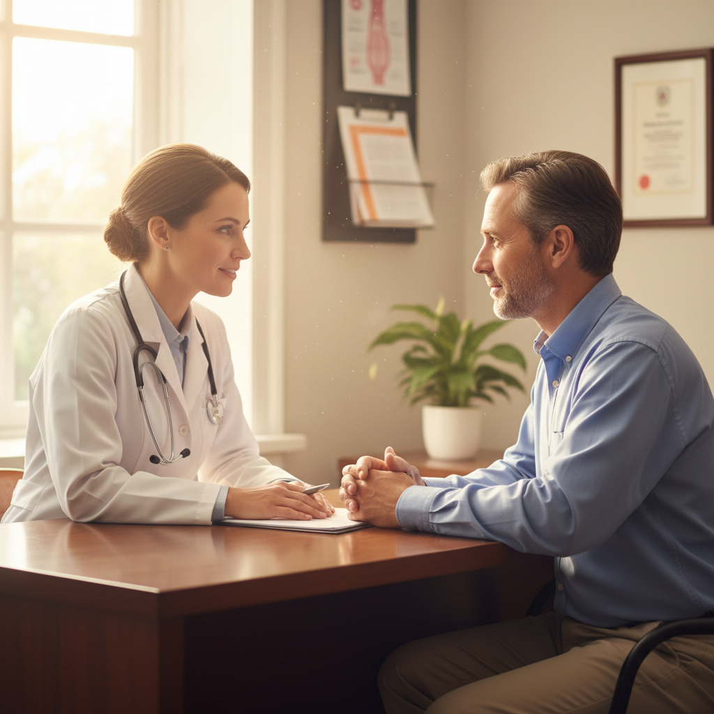 Physician in consultation room having a calm conversation with a patient across a desk