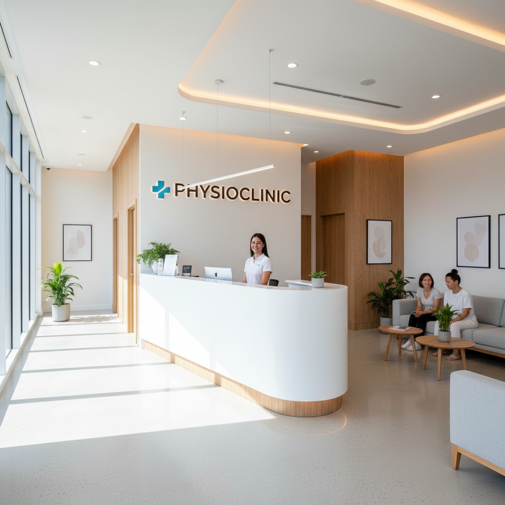 Moderne Physiotherapie-Praxis mit hellem, einladendem Wartebereich und professioneller Einrichtung
