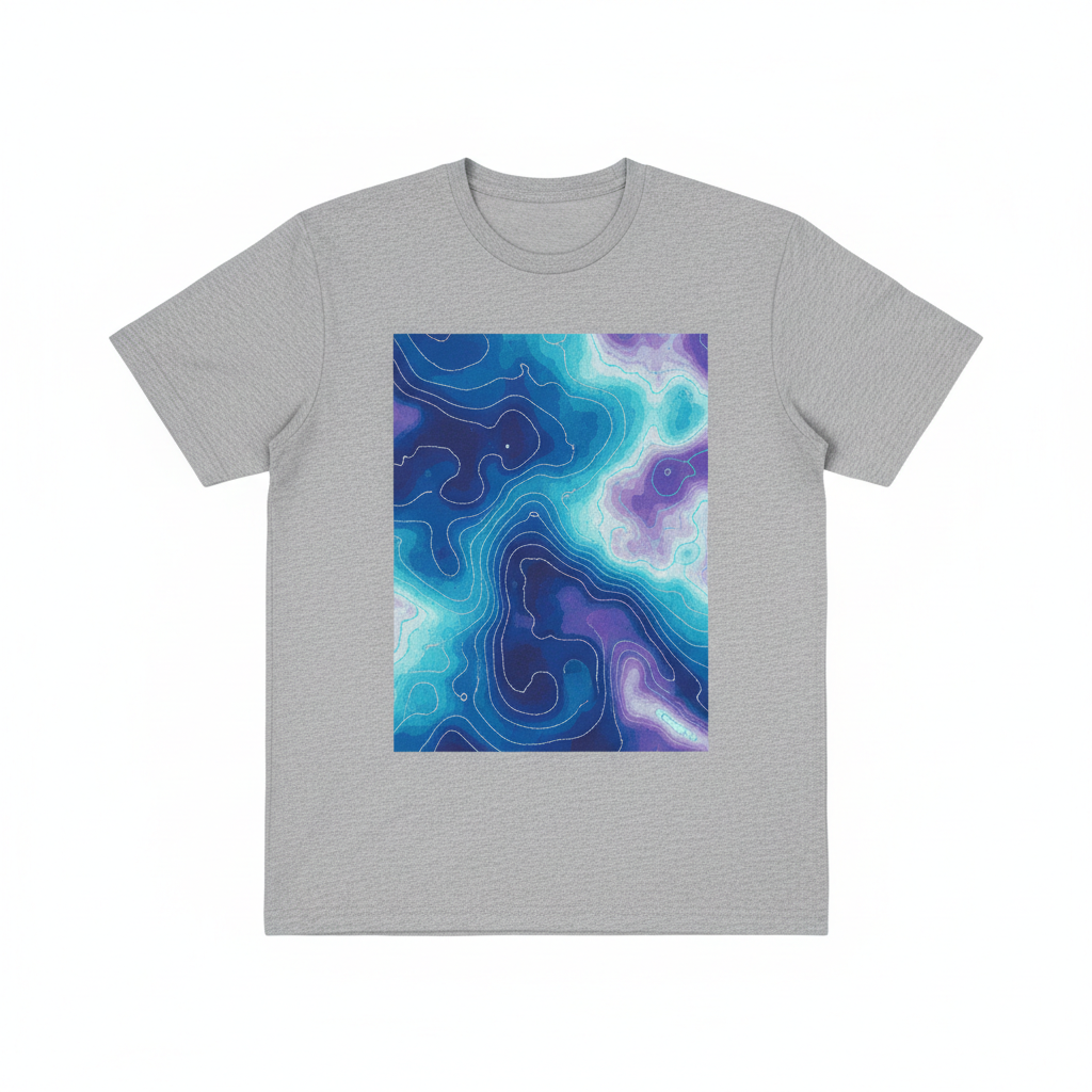 Gray tee with thermal map print in cold tones