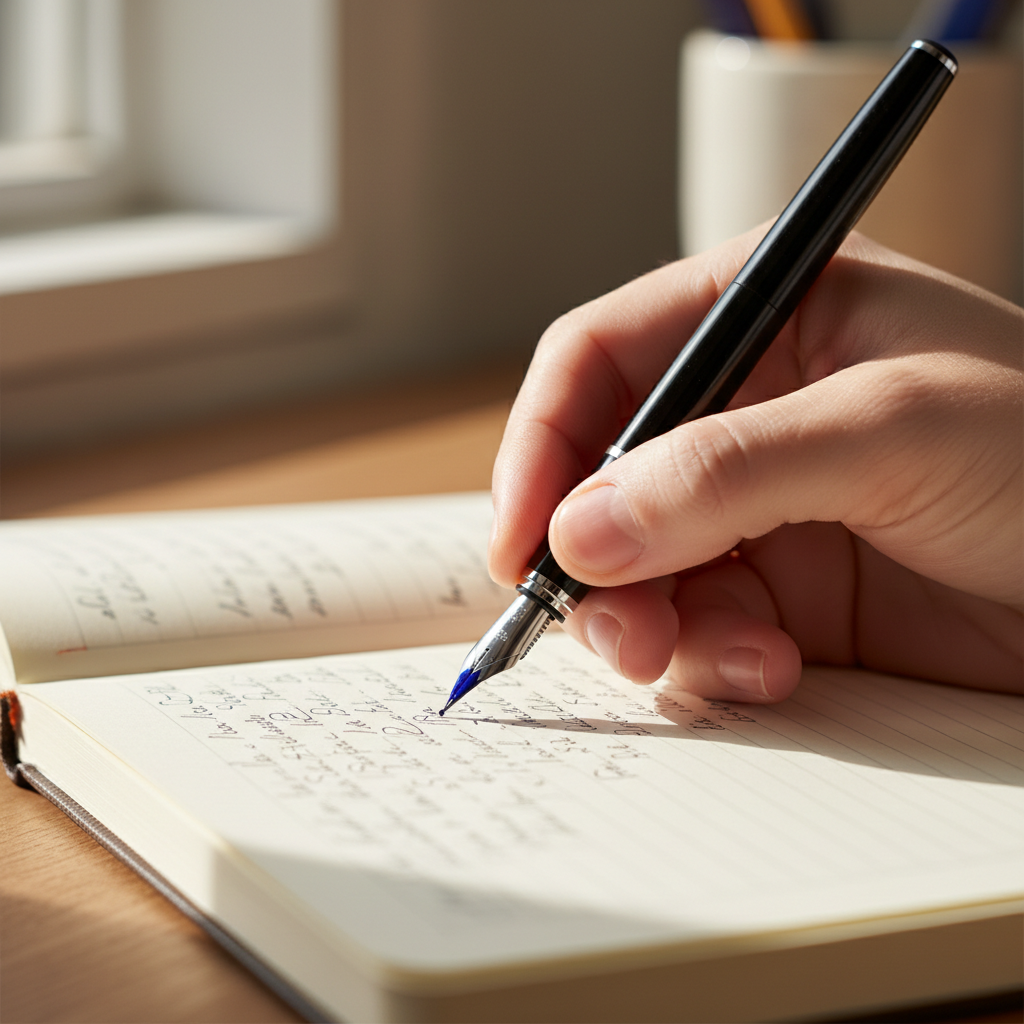 Close-up of a hand writing in a cream journal with a fountain pen, ink glistening on the nib, natural window light casting soft shadows across the page